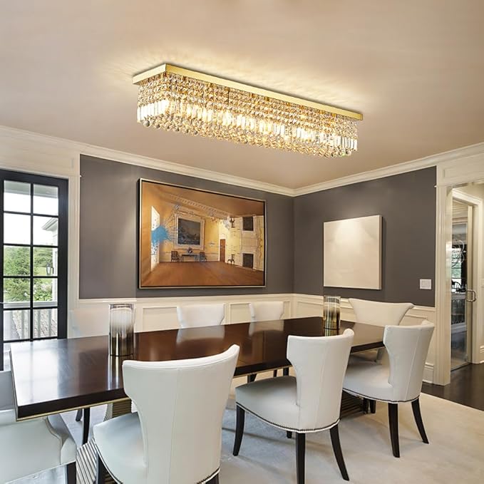 Siljoy Modern Gold Crystal Chandelier for Dining Room, 8-Light Rectangular Flush Mount Crystal Raindrop Chandelier, Luxury Dimmable Crystal Ceiling Light for Living Room Kitchen Island Bar L40''