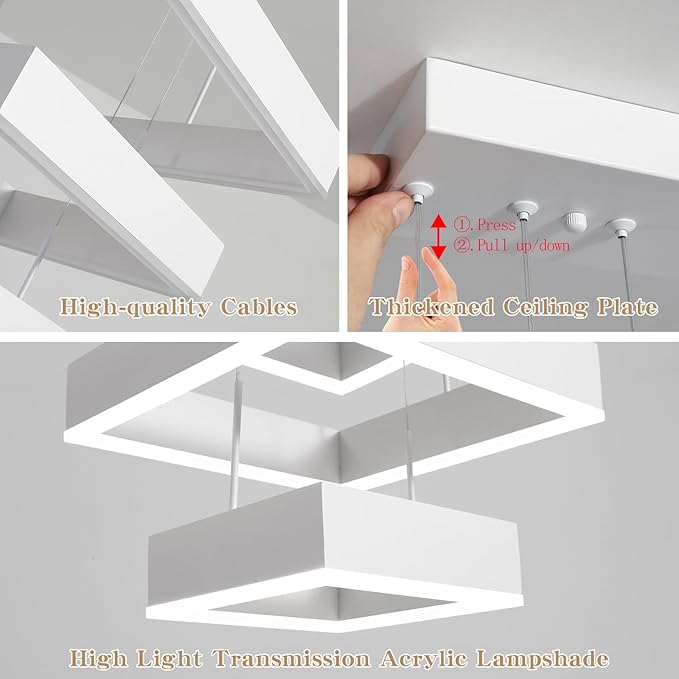 O'NEELDY 58W Square Chandelier Modern Pendnat Light with White Ring LED Chandeliers Adjustable Hanging Lamp Fixtures for Dining Room Kitchen Island Bedroom Cafe