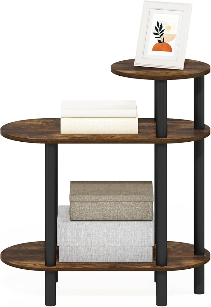 Furinno Turn-N-Tube Side Table, 3-Tier Oval Sofa End Table with Open Shelf, Toolless Assembly Night Stand, Bedside Table, for Living Room, Bedroom, Amber Pine