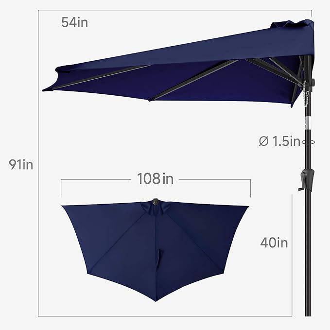 9FT Half Umbrellas Outdoor - Half Patio Umbrella with Tilt, UV Protection Waterprool, Half Round Umbrella for Wall Balcony, Pool, Porch, Garden, Deck, Backyard (Navy Blue)