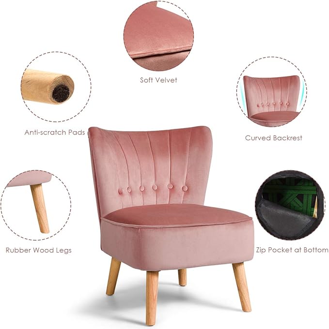 Giantex Modern Velvet Accent Chair, Small Upholstered Leisure Sofa Chair w/Wood Legs, Thickly Padded and Button Tufted, Armless Wingback Club Chairs for Living Room Bedroom Furniture (1, Pink)