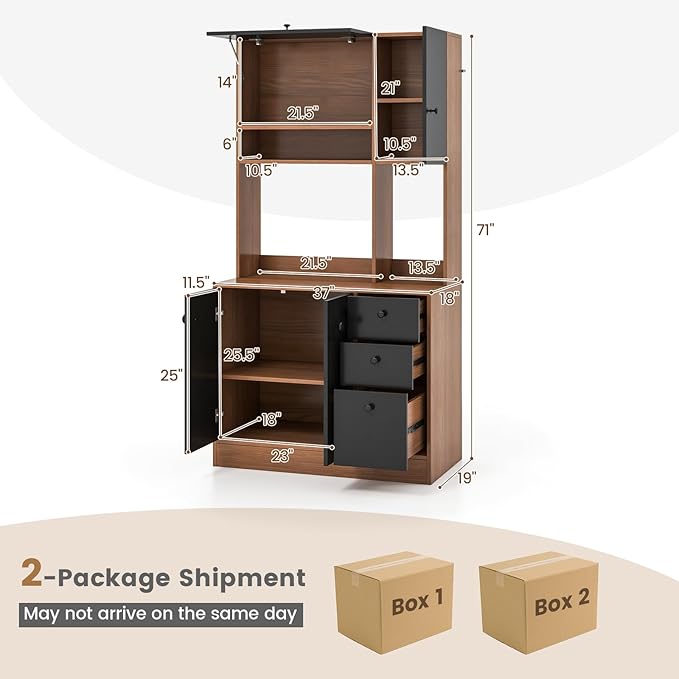 Giantex Kitchen Pantry, Buffet Hutch with 3 Storage Cabinet, 71'' Floor Large Cupboard with 3 Deep Drawers, Wide Countertop, Adjustable Shelves, Tall Sideboard (Walnut & Black)