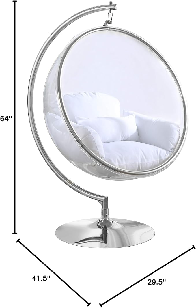 Meridian Furniture 507White Luna Collection Modern | Contemporary Clear Acrylic Accent Swing Chair with Durable Metal Base and Fabric Seat, White, Chrome Finish, 41.5" W x 29.5" D x 64" H