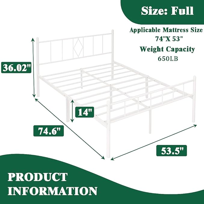 14 Inch Full Size Bed Frames with Headboard/Footboard, Under Bed Storage, Strong Metal Slats Support, No Box Spring Needed, Noise Free, Easy Assembly, White
