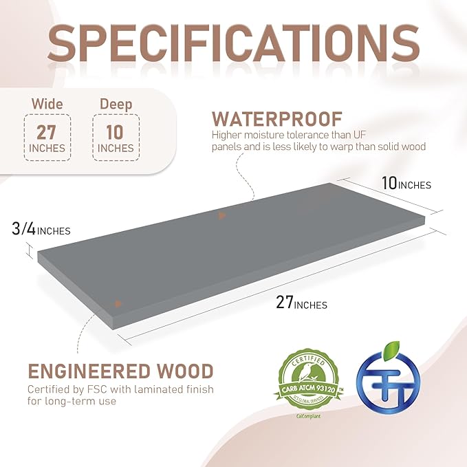 Kaboon 27 inch Long 10 inch Deep Floating Shelves for Wall Set of 2, Large Open Shelves Wall Mounted, Space Saving Home and Commercial Use, Gray
