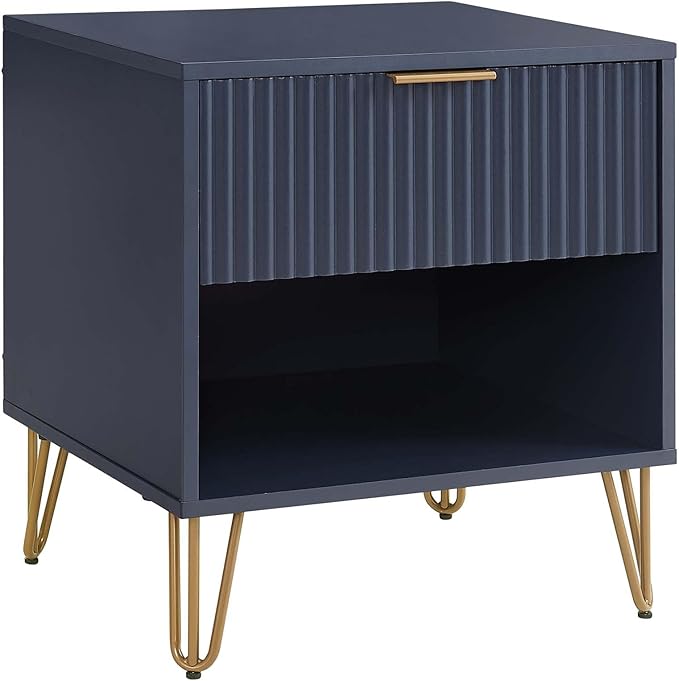 Manhattan Comfort Dumbo Modern Nightstand 1.0 with 1 Drawer and Metal Feet | Splayed Gold Legs | Vertical Ribbed Design | No Tool Assembly Storage for Bedroom & Living Room, Set of 2, Midnight Blue