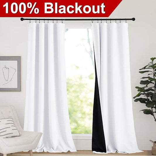 NICETOWN White 100% Truly Blackout Curtains, Rod Pocket Super Heavy-Duty Black Lined Total Darkness Drapes for Hall, Privacy Window Treatment Curtains for Patio (2 PCs, 52-inch W x 108-inch L)