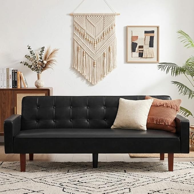 Modern PU Leather 3-Seat Couch, Adjustable Backrest Convertable Sofa, Sleek Minimalist Fold Out Couch Loveseat with Armrests, Sofa for Living Room Home Office Spaces, Black