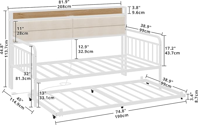LIKIMIO Daybed with Trundle, Sturdy Metal Twin XL Size Bed Frame with Upholstered Headboard and Charging Station for Living Room, Bedroom and Guest Room, White