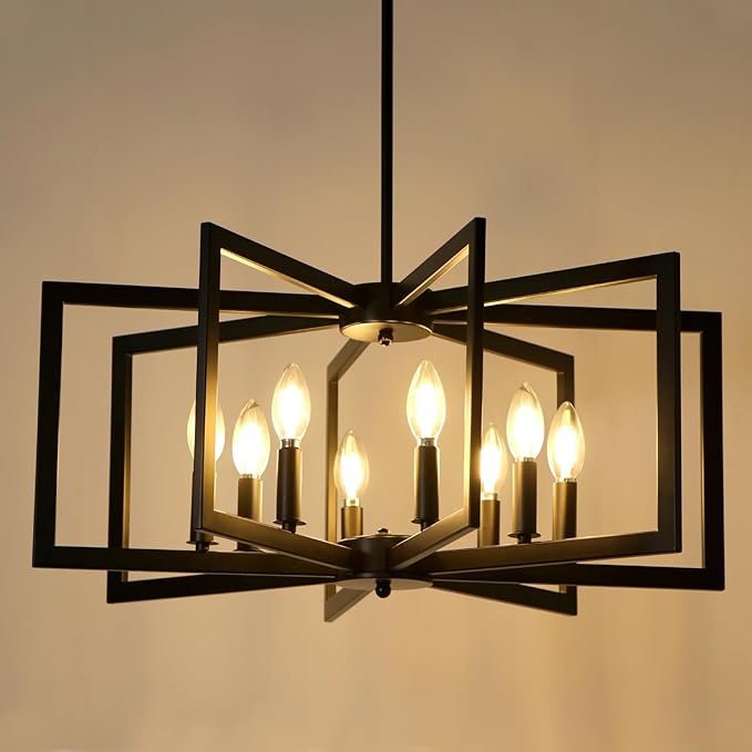 25.6" Black Chandelier for Dining Room, 8-Light Geometric Dining Room Light Fixture, Farmhouse Modern Chandeliers for Dining Room Living Room Foyer Stairway
