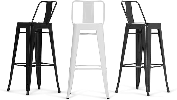 SIMPLIHOME Rayne Bar Stools (Set of 2) - 30 inch Seat Height Industrial Metal Chairs in Black, Urban-Style Seating for Kitchen or Bar with Curved Back, Under-Seat Cross Brace, and Footrest