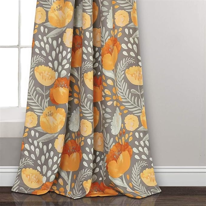 Lush Decor x 52” Yellow and Gray Poppy Garden Curtains Light Filtering Window Set for Living, Dining, Bedroom, 108 in L Panel Pair, Yellow & Gray