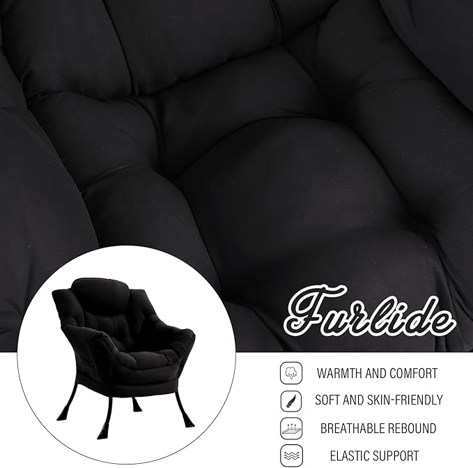 Lazy Chair for Living Room, Modern Accent Chairs with Armrests, Black Armchairs with Side Pocket, Cozy Lazy Sofa for Reading, Balcony, Bedroom, Dorm, Small Spaces