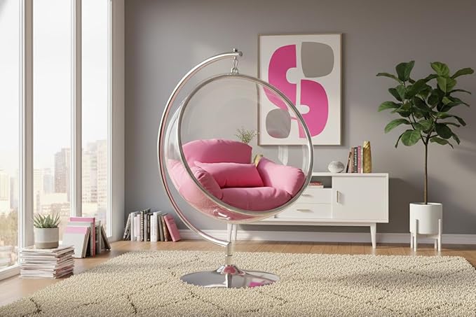 Meridian Furniture 507Pink Luna Collection Modern | Contemporary Clear Acrylic Accent Swing Chair with Durable Metal Base and Fabric Seat, Pink, Chrome Finish, 41.5" W x 29.5" D x 64" H