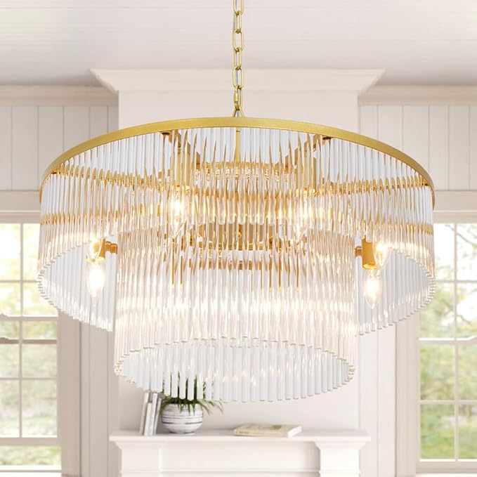 Gold Chandeliers 8 Lights Modern Glass Chandelier Lighting Round Gold Light Fixture Entryway Dining Room 23.6"