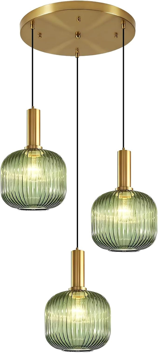 Stairwell Chandelier Green Glass Pendant Lights Kitchen Island Stripe Glass Shade Gold Dining Room Light Fixtures Mid Century 3-Light Cluster Long Chandelier for Farmhouse