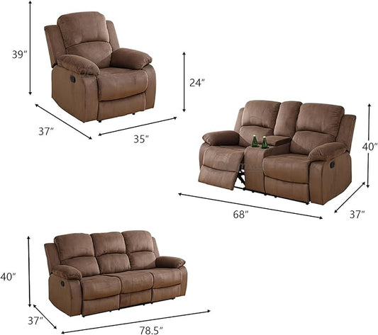 Fabric Recliner Sofa Set Manual Reclining Sofa Set Living Room Furniture Sets Modern Reclining Couch Set with Cup Holders/Storage Console/Drop Down Table for Home/Office (Chocolate, 3PCS Set)