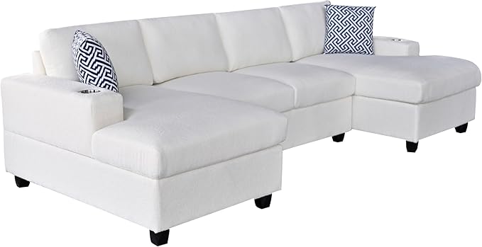 Ball & Cast 124" U-Shaped Sectional Sofa Couch for Living Room with Double Chaise,Cup Holders & Pillows,4 Seat Sherpa Upholstered Modern Modular Sectional Sofa Couches Set,for Home,Office,Beige