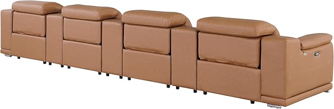 Blackjack Furniture Venice Top Grain Italian Leather Power Recline 7 Piece 4 Seater Sofa - 175" Theater Seating Modern Couch for Living Room Apartment with Adjustable Headrests & USB Port, Cognac