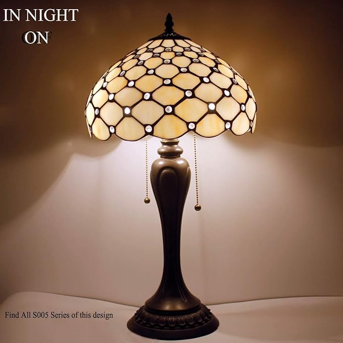 WERFACTORY Tiffany Lamp Stained Glass Table Lamp Cream Pearl Bead Style Desk Reading Light 12X12X22 Inches Decor Bedroom Living Room Home Office S005 Series
