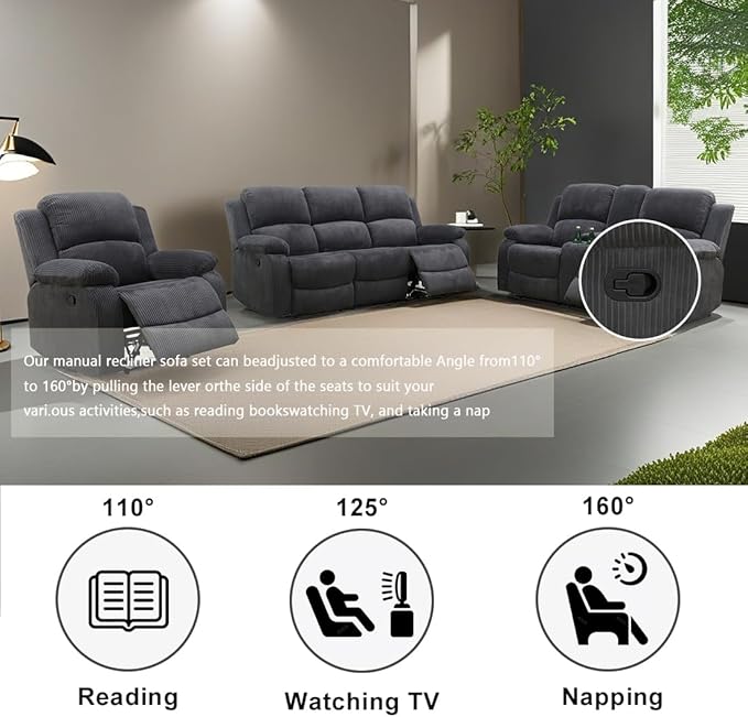 Fabric Recliner Sofa Set Grey Loveseat Couch Chair Set Living Room Furniture Sets 3PCS Manual Reclining Sofa Set with Cup Holders and Storage Console for Living Room/Office (Grey, 3 PCS Set)