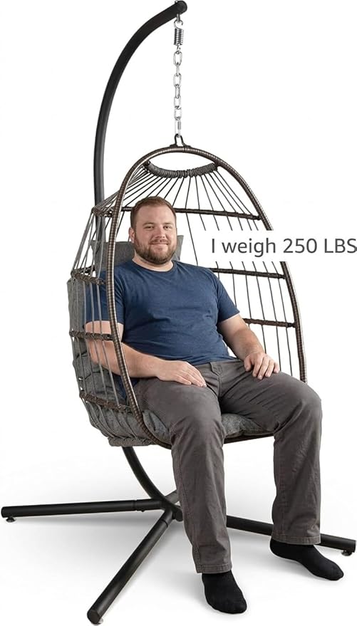 SereneLife Egg Chair with Stand – Hanging Rattan Wicker Swing for Indoor Outdoor Use – 350 lbs Capacity, Breathable Cushion & Headrest – Patio, Balcony, Porch, Bedroom Lounge Furniture