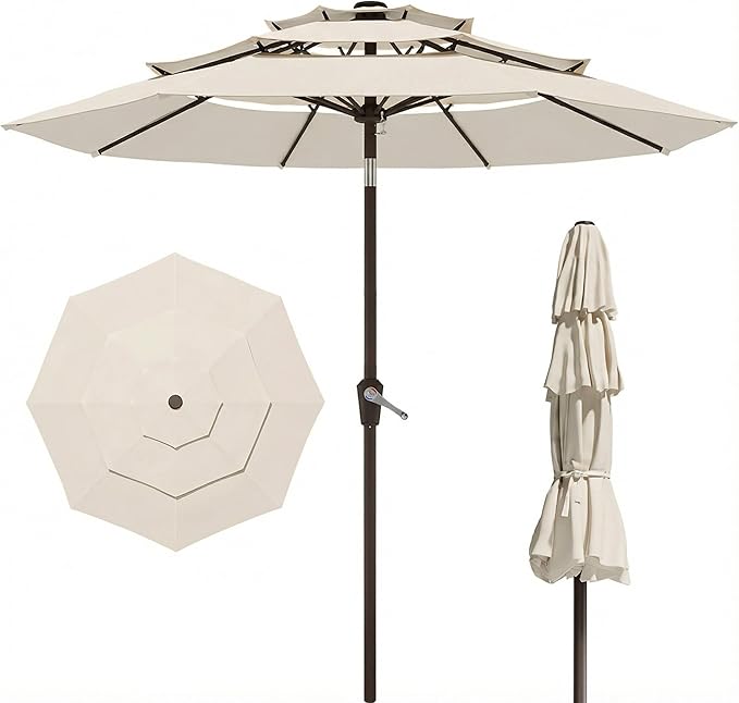 PatioKingdom 9ft 3-Tier Patio Market Umbrella with Crank/Tilt, Commercial Heavy Duty Wind Proof,Outdoor Table Umbrella with 8 Fiberglass Ribs,UPF50+ for Deck,Pool,Garden,Backyard (Creamy-white)