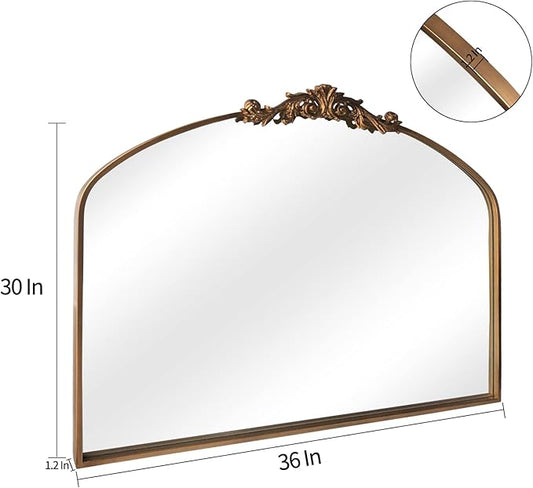 Gold Wall Mirror, Large Arched Vintage Baroque Ornate Mirrors, Traditional Decorative Antique Brass Mirror for Entryway, Living Room, Bedroom, Bathroom Vanity, Fireplace Mantel(Gold,29"x36")
