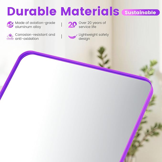 18" x 24" Purple Bathroom Mirror Wall Mounted, Matte Aluminum Alloy Frame with Rounded Corners, Shatterproof Tempered Glass, Anti-Rust HD Vanity Mirror for Bathroom, Bedroom, Entryway