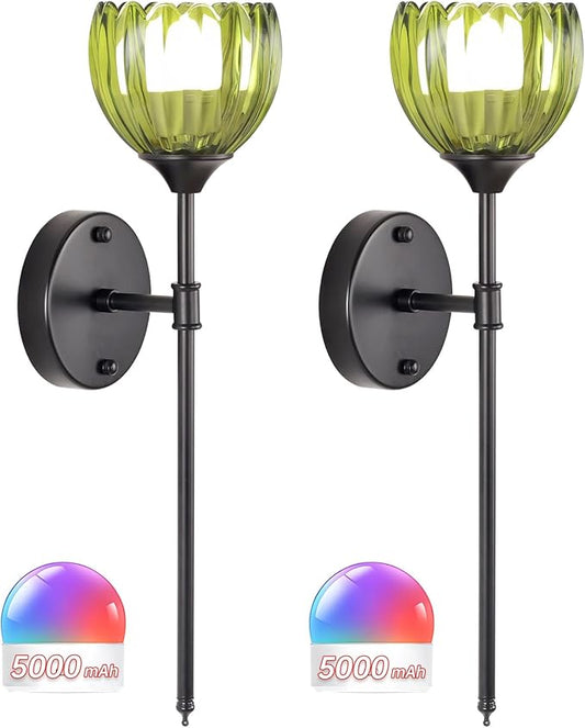 Battery Operated Wall Sconce Set of 2, Green Tulip Vintage Wall Light Fixture Rechargeable 5000mAh Battery Powered Wall Lamp with Remote for Living Room Bathroom, Black