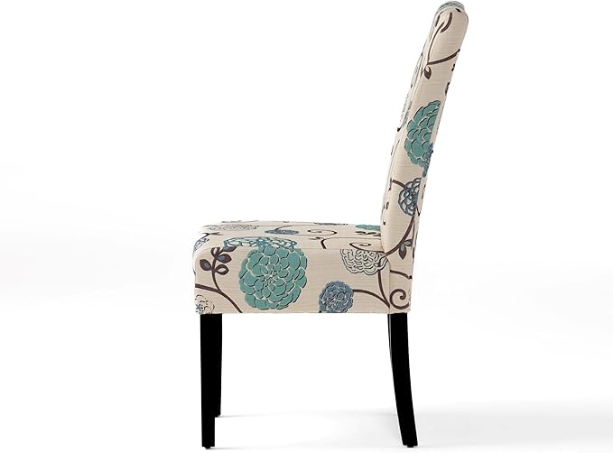 Evangeline Contemporary Fabric Dining Chairs (Set of 4), Light Beige with Blue Floral