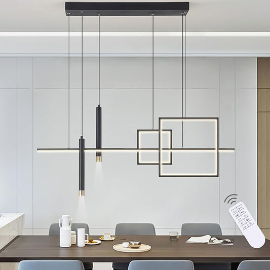 Modern LED Chandelier Lighting, Dimmable Linear Black Pendant Light with Squares, 39in Dining Room Hanging Light Fixture, Kitchen Island Pendant Light for Dining Table Bar (3000lm/50W)