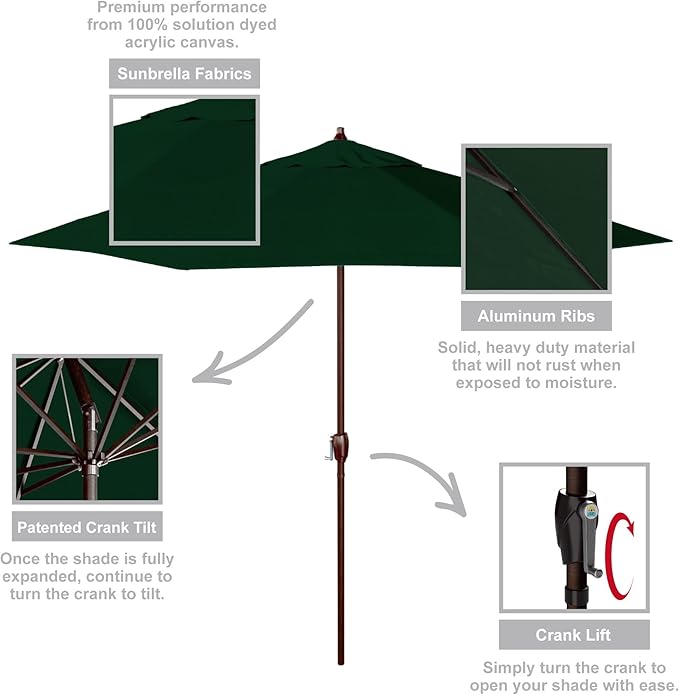California Umbrella 12-Year Protection 9-Ft Outdoor Patio Umbrella, Sunbrella Fade-Resistant Acrylic Fabric, Auto Tilt and Crank, Heavy-Duty Aluminum Frame/ Reinforced Ribs, Bronze Pole, Forest Green