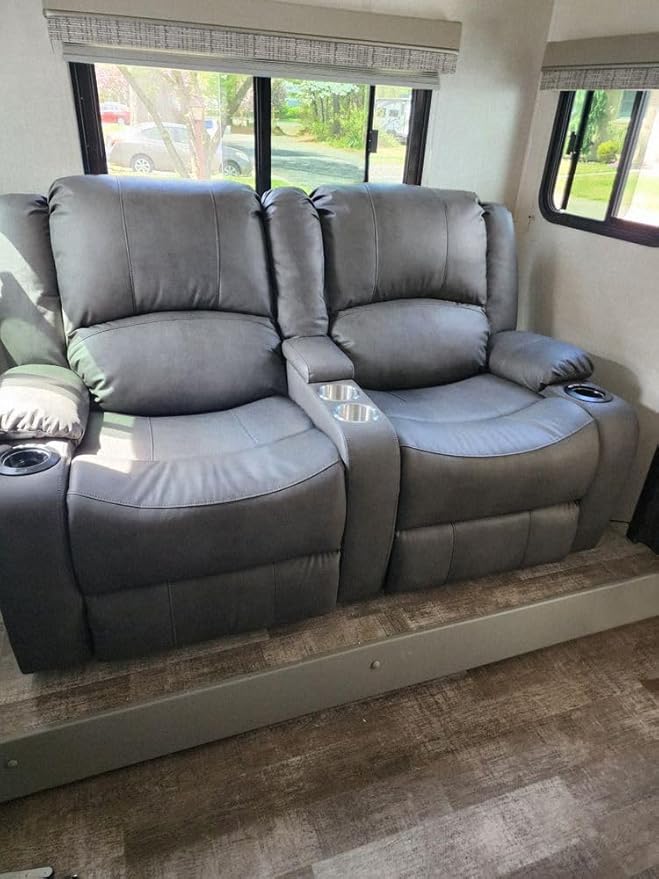 RecPro Charles 64" Powered Recliner RV Sofa with Console and Cupholders | Zero Wall Loveseat for Camper | Wall Hugger Couch with 2023 Updated Fabric (Gunmetal)