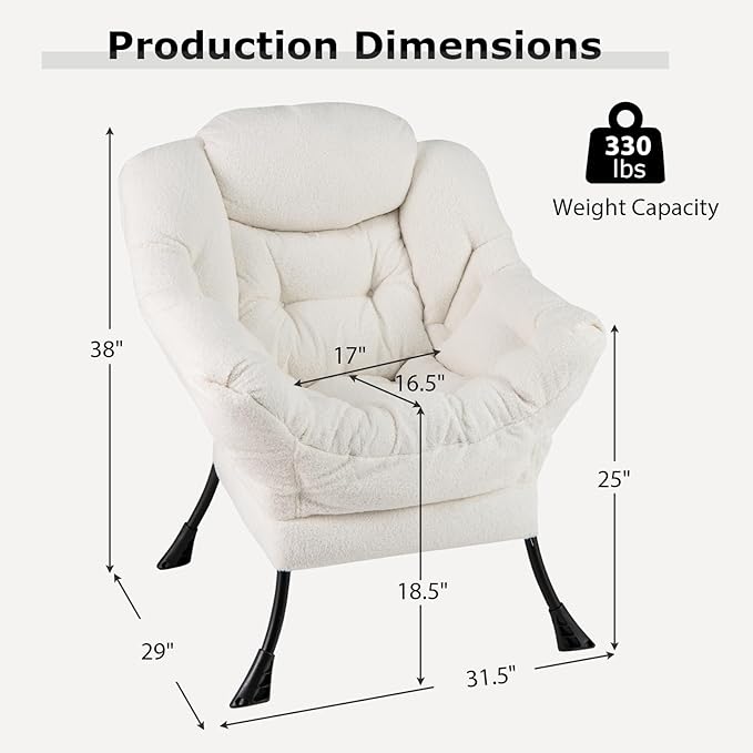 Giantex Lazy Chair, Modern Sherpa Accent Chair w/Steel Frame, Upholstered Single Sofa Chair w/Armrests & Side Pocket, Leisure Reading Lounge Chair for Living Room, Bedroom, Office, Dorm (White)