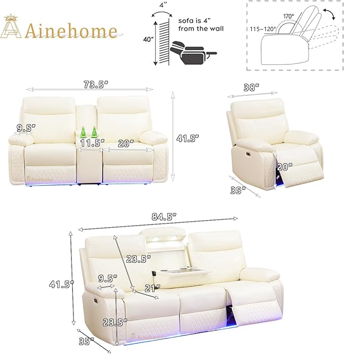 A Ainehome Leather Power Recliner Sofa Set with LED, 3 Pieces Living Room Furniture Sets, Power Leather Reclining Sectional Sofa Couches for Living Room with USB Port/Storage Console/Cup Holders