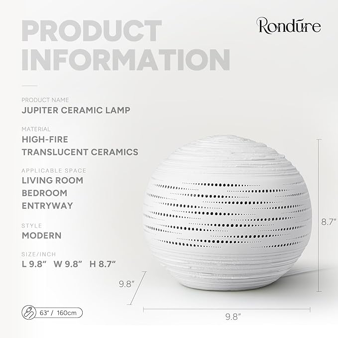 RONDURE 8.7" Modern Ceramic Table Lamp, Fully Dimmable Modern Bedside Lamps for Bedroom, Living Room and Nightstand, White Translucent Ceramic Shade, Warm Ambient Lighting, Corded, Bulb Included
