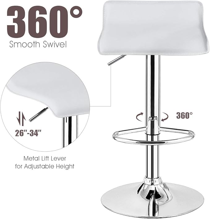 COSTWAY Bar Stools Set of 4, Modern Swivel Contemporary barstools with Adjustable Height, Footrests, Chrome Hydraulic PU Leather Backless Bar Chairs for Kitchen Island Cafe Pub, White