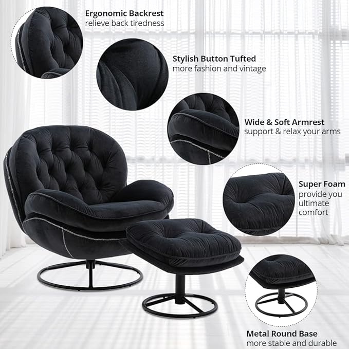 Velvet Swivel Accent Chair with Ottoman Set, Modern Lounge Chair with Metal Base Frame & Footrest, Comfortable Single Leisure Sofa Chair Reading Chair with 360 Degree Swiveling for Living Room, Black