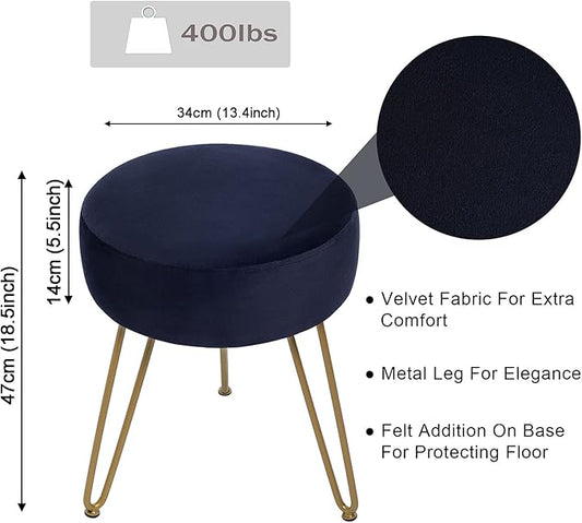 Velvet Soft Modern Vanity Footstool -Round Footrest Stool Ottoman Side Table Seat Dressing with Golden Metal Leg and Sponge Filling,Upholstered Foot Rest, for Living Room and Bedroom Black
