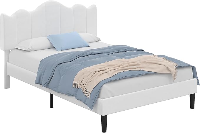 VECELO Full Size Upholstered Platform Bed Frame with Adjustable Headboard, Wood Slat Support and Noise-Free, No Box Spring Needed, Easy Assembly, Off White