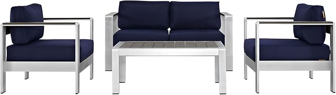 Modway Shore 4-Piece Aluminum Outdoor Patio Furniture Set in Silver Navy