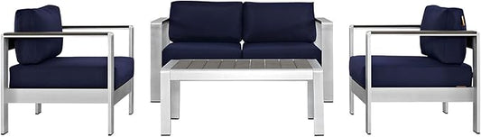 Modway Shore 4-Piece Aluminum Outdoor Patio Furniture Set in Silver Navy