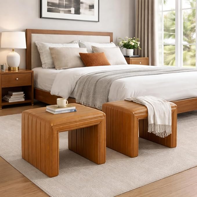 Spatial Order Modern Channel Tufted Faux Leather Ottoman | Spatial Order Home Décor | Ottoman for Living Room & Bedroom - Carmel Brown