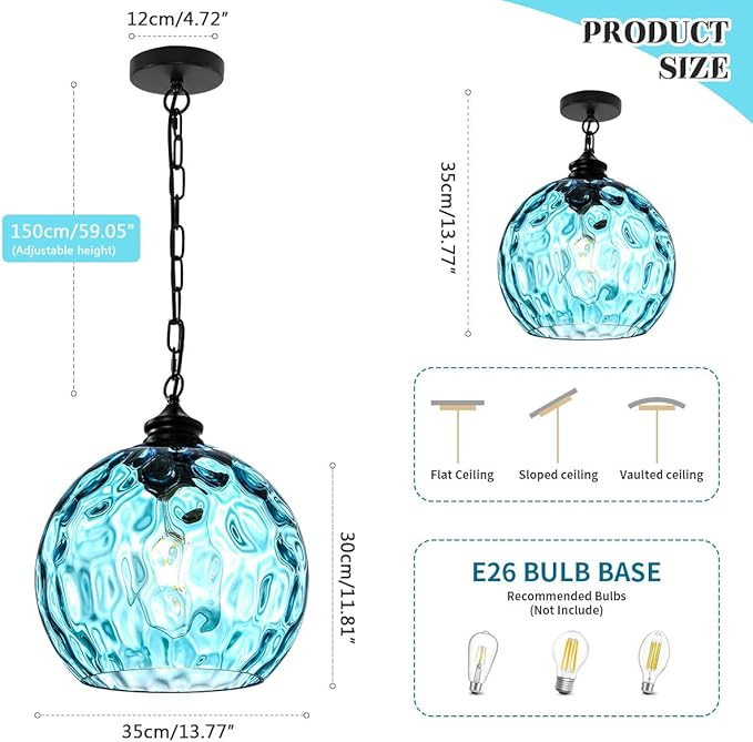 Globe Pendant Lights Blue Glass Pendant Light 1-Light Vintage Black Pendant Light 13.7 inch Large Chandelier mid Century Modern Hanging Lighting for Kitchen Dining Room Bedroom Living Room