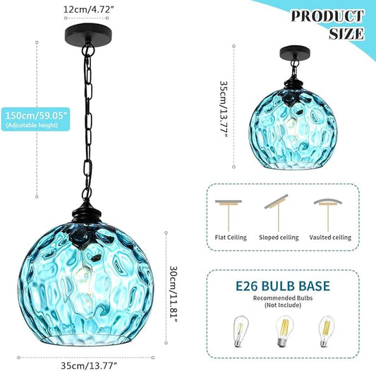 Globe Pendant Lights Blue Glass Pendant Light 1-Light Vintage Black Pendant Light 13.7 inch Large Chandelier mid Century Modern Hanging Lighting for Kitchen Dining Room Bedroom Living Room