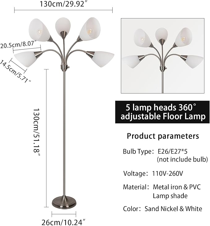 HonoDing Medusa Floor Lamps Standing Lamps 5 Heads Adjustable Reading Light Large Shade Use E26 A19 Bulb Floor Lamps for Living Room Bedroom (Satin Nickel)