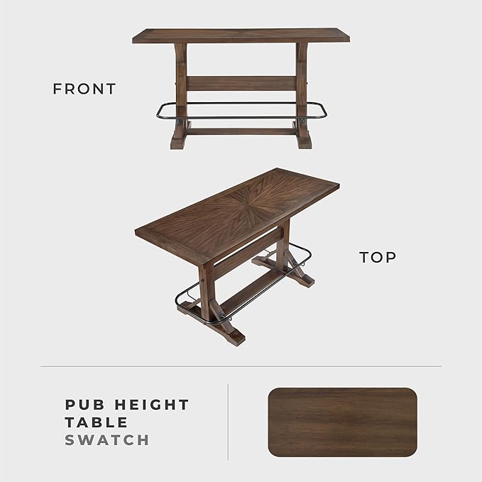 Lexicon 78 Inch Rectangular Bar Height Dining Table for 6, Rustic Farmhouse Kitchen Table, Rubberwood, Acacia Veneer, Black Metal Footrest, for Dining Room/Kitchen, Brown