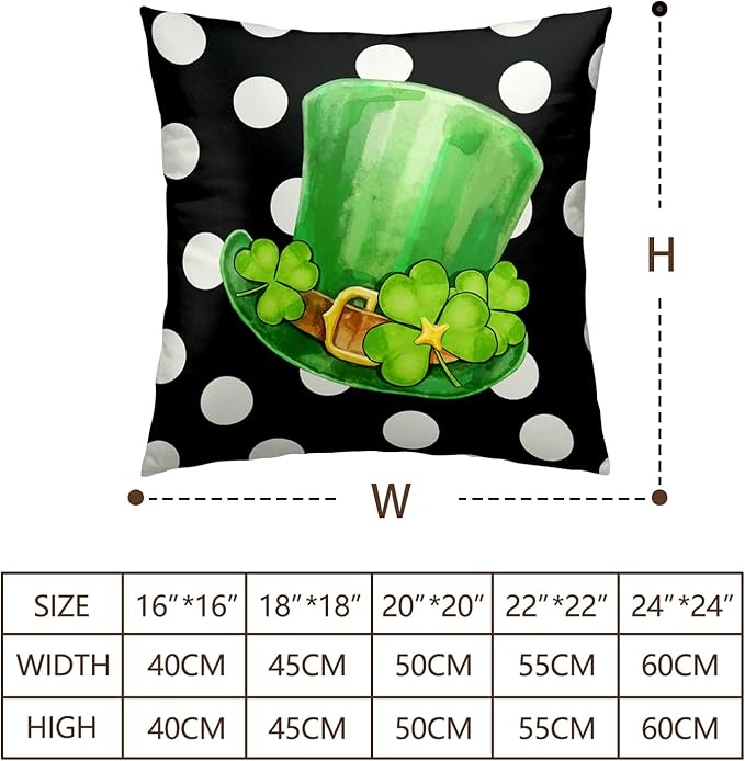 St Patricks Day Shamrock Pillow Covers 22 x 22 Set of 2 Lucky Clover Hat Throw Pillow Cases Black White Polka Dots Cushion Cover Holiday Decor for Sofa Couch