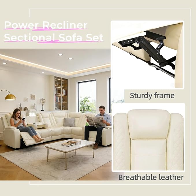 Power Reclining Sectional Sofa Set with LED, Living Room Furniture Sets, Leather Recliner Couch for Living Room/Home Theater, Sectional Couch and Chair with 4 Recliners, USB Port/Hide-Away Storage